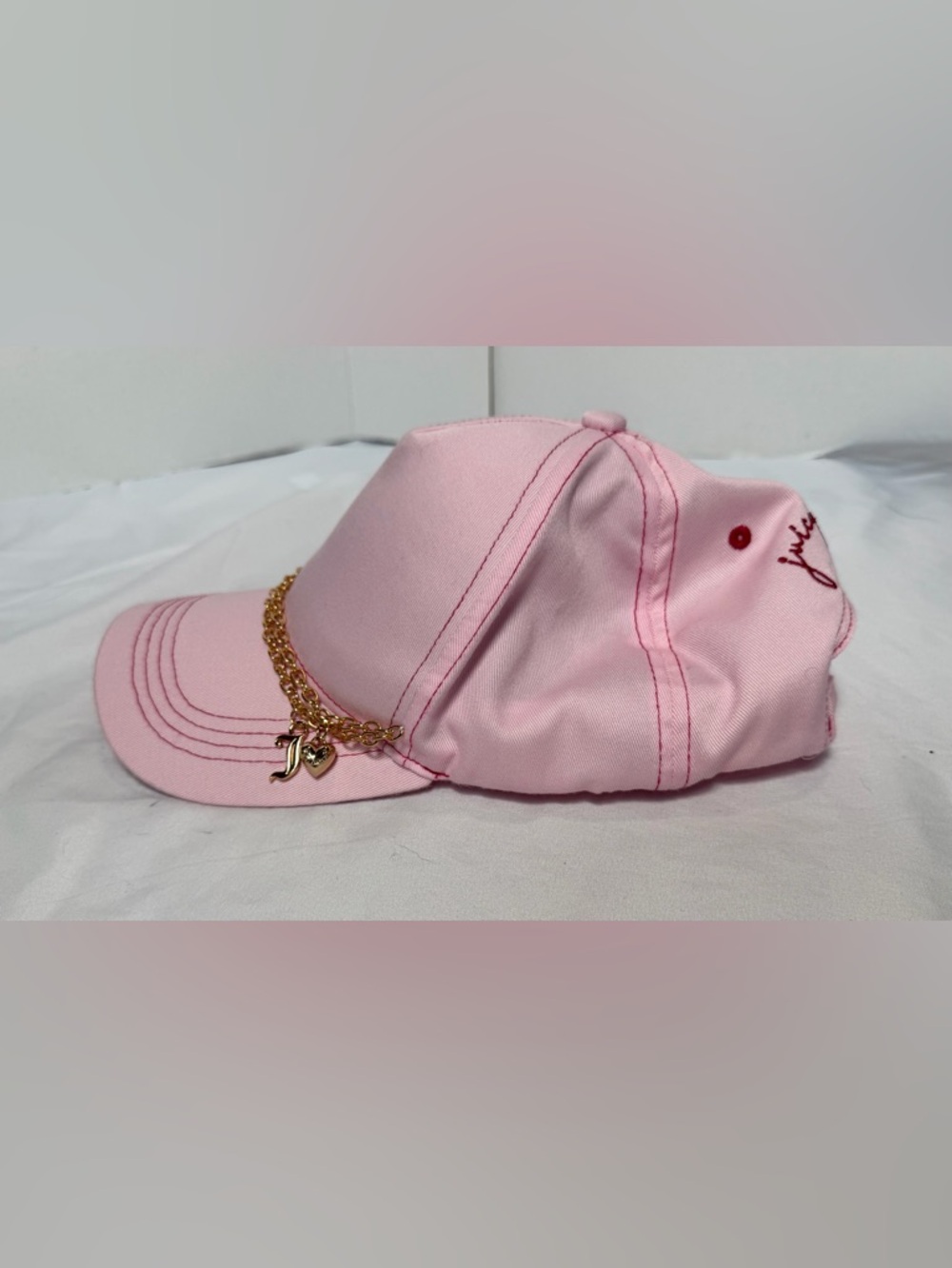 Juicy Couture Light Pink Baseball Hat with Gold Chain and Heart Charms Detail